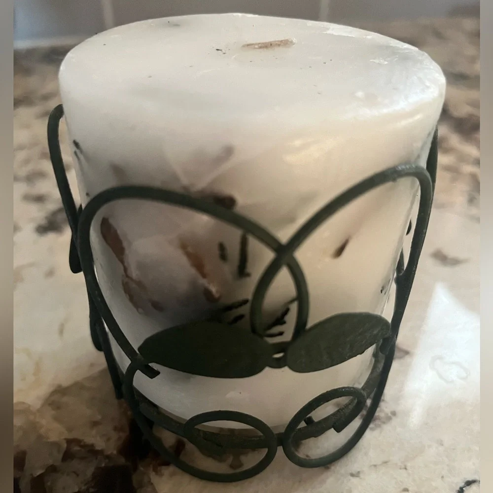 Decorative White Candle with Moose and greenery embedded & Green Leaf Holder.